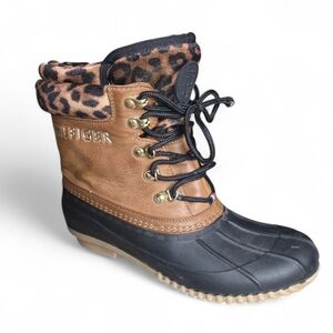 Tommy Hilfiger Leather Duck Boot with Leopard Cuff